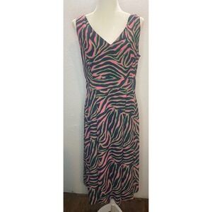 Anne Klein Zebra Print Dress Women's 12 Pink Green Navy V-Neck Party Midi